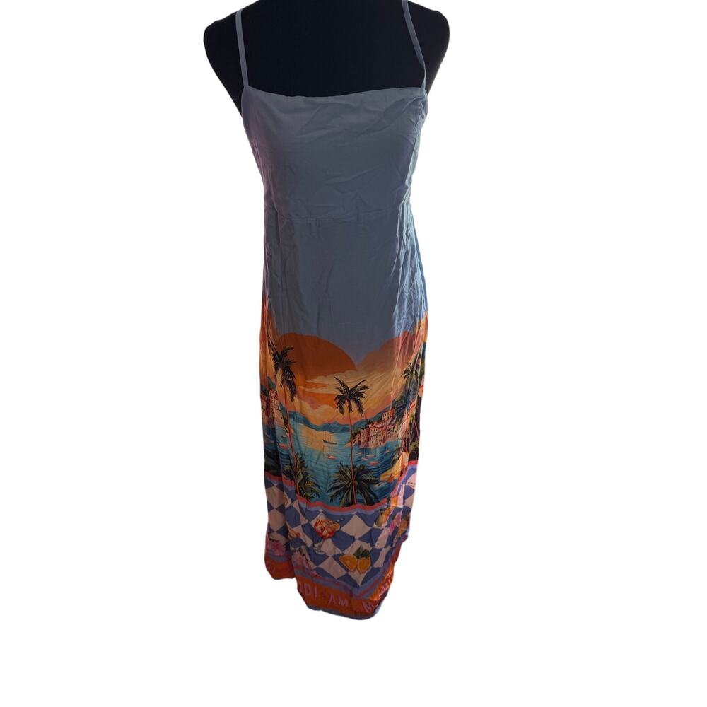Paper Heart Mediterranean Landscape Tropical Maxi Dress L New Blue Resortwear